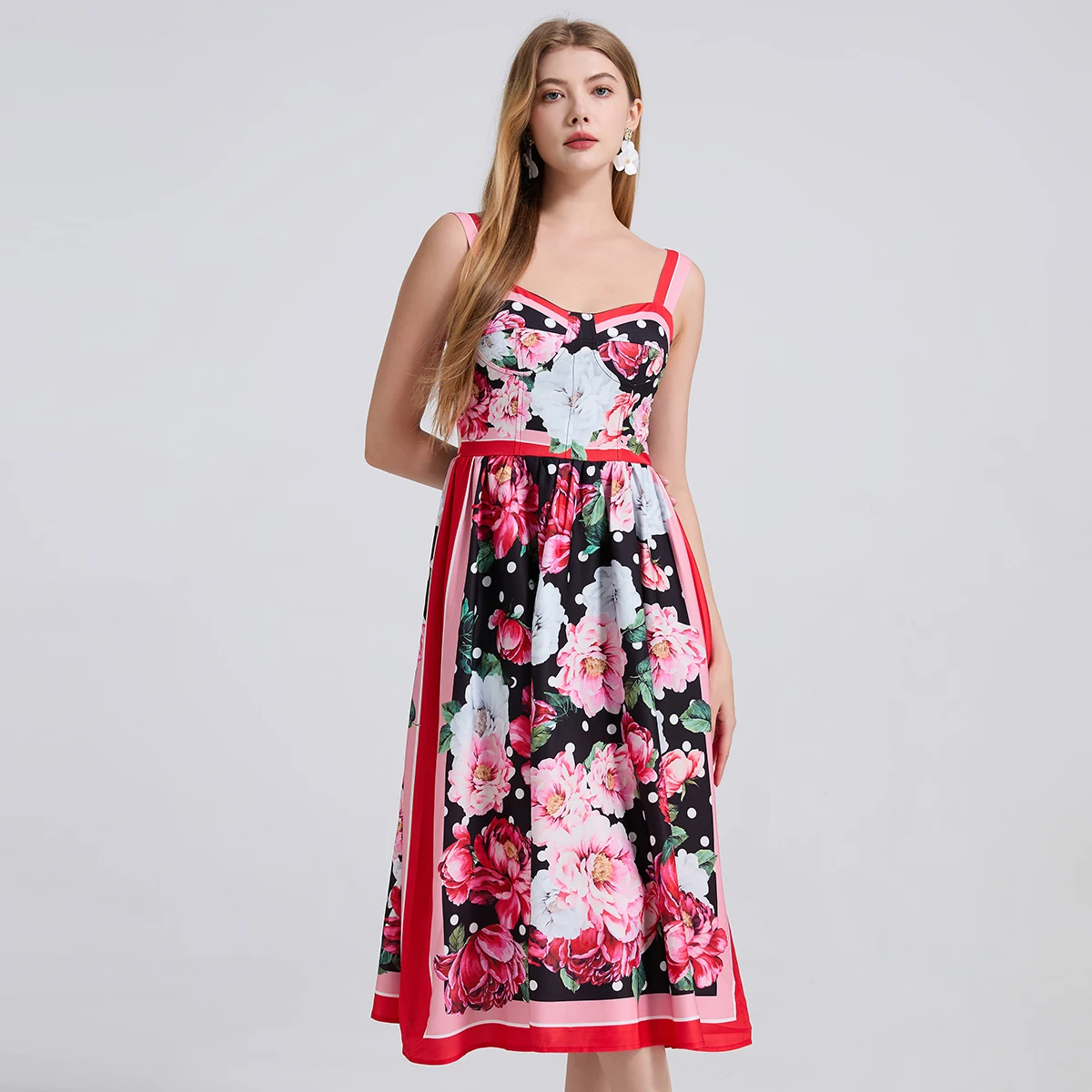 2025 Nuove vacanze estive Dot Flower Print Romantico abito da festa retrò Elastico a vita alta Vacanza Midi Abito lungo Abiti da spiaggia