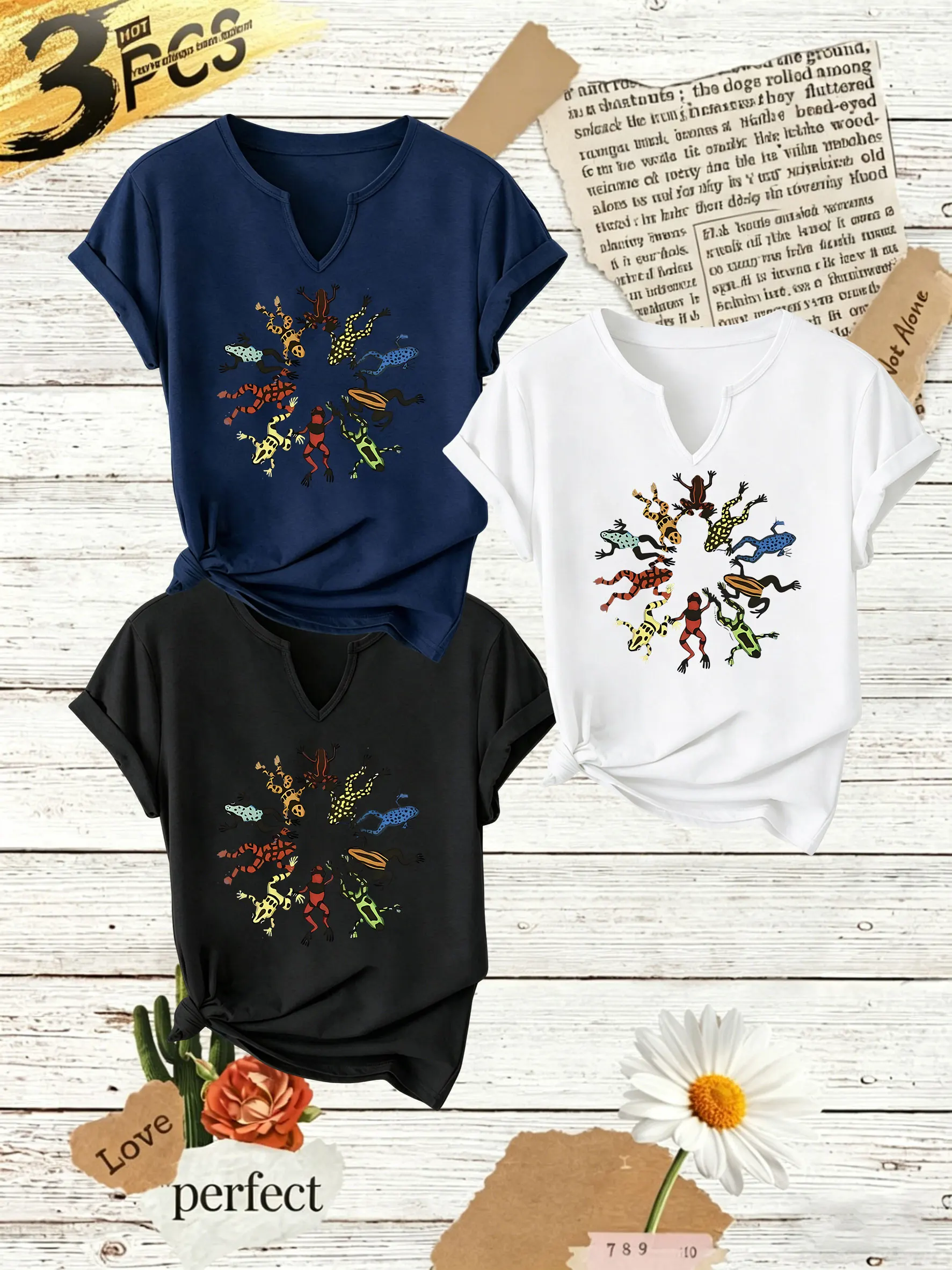 3Pcs Women Summer Notch V Neck T-Shirt, Colorful Poison Dart Frog Circular Print Casual Short Sleeve Tee Set