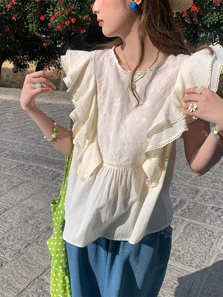 

100-108cm Bust Summer 100%Cotton Blouses Shirts Women Korean Fashion Elegant Embroidery Ruffles Casual Loose Shirts Tops