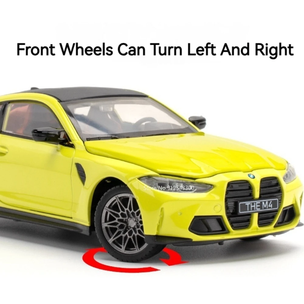 1:23 BMW M4 G82 스포츠카 모델 장난감 금속 바디 고무 타이어 휠 스티어링 충격 흡수 모델 컬렉션 자동차 장식품