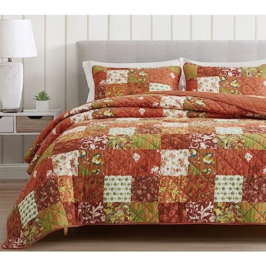 

Leilani 3-Piece Boho Washed Cotton Quilt Set Size - Bohemian Quilted Bedding Green White Floral Printed Patchwork Lightweight B