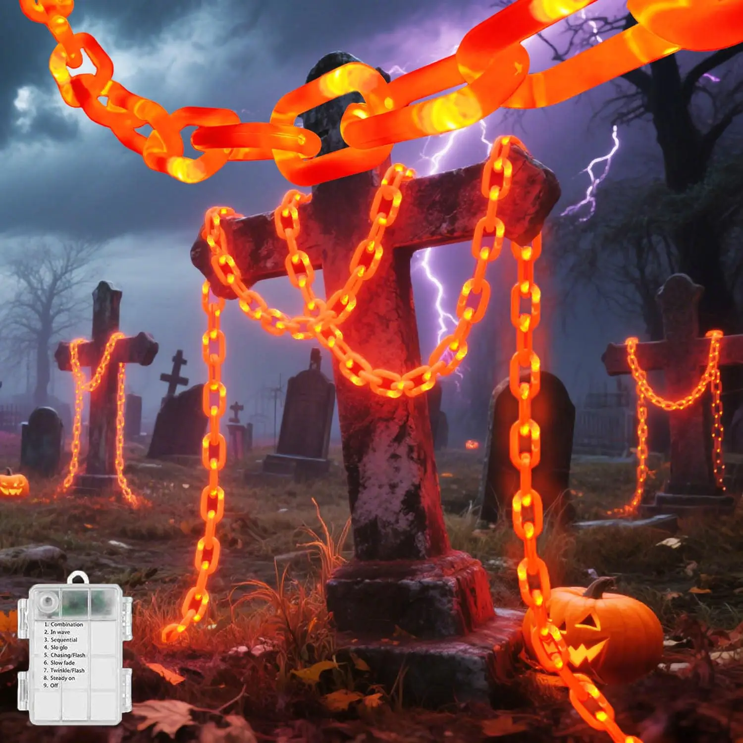 

Plastic Chain String Lights for Halloween Decor Props Chains with Orange Lights for Halloween Party Creepy Cosplay Spooky Decor