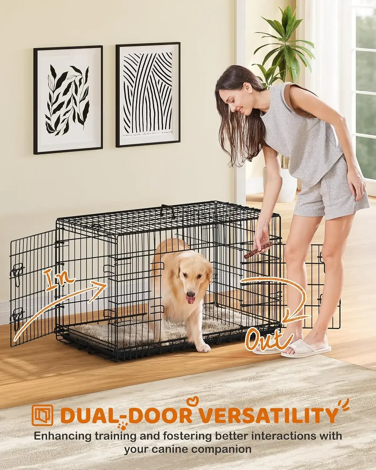 42 inch Dog Crate Double Door Dog Crate w/Divider for Puppy to Adult XL Collapsible Metal Dog Crate with Removable Tray Wire