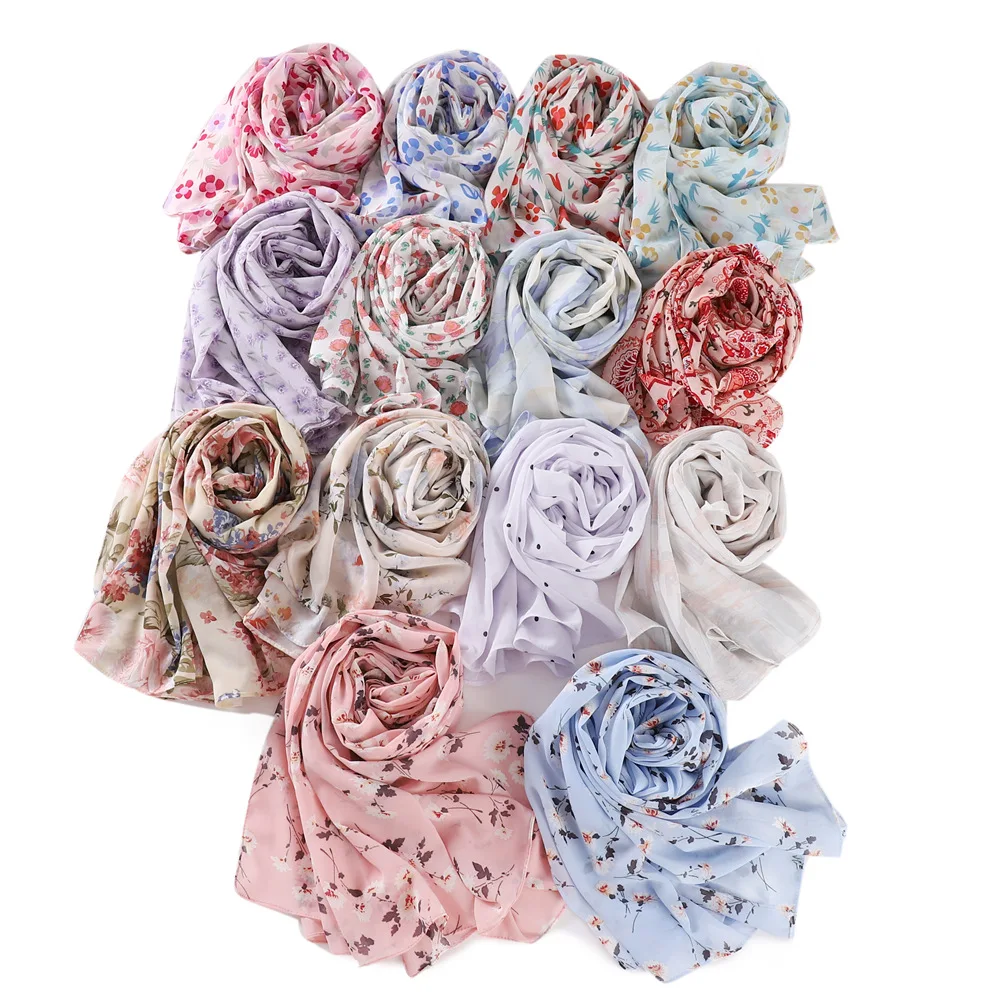 New Flower Printed Chiffon Scarf Malaysian Popular Patterned Headscarf High Quality Long Shawls Muslim Women Summer Hijab Wraps