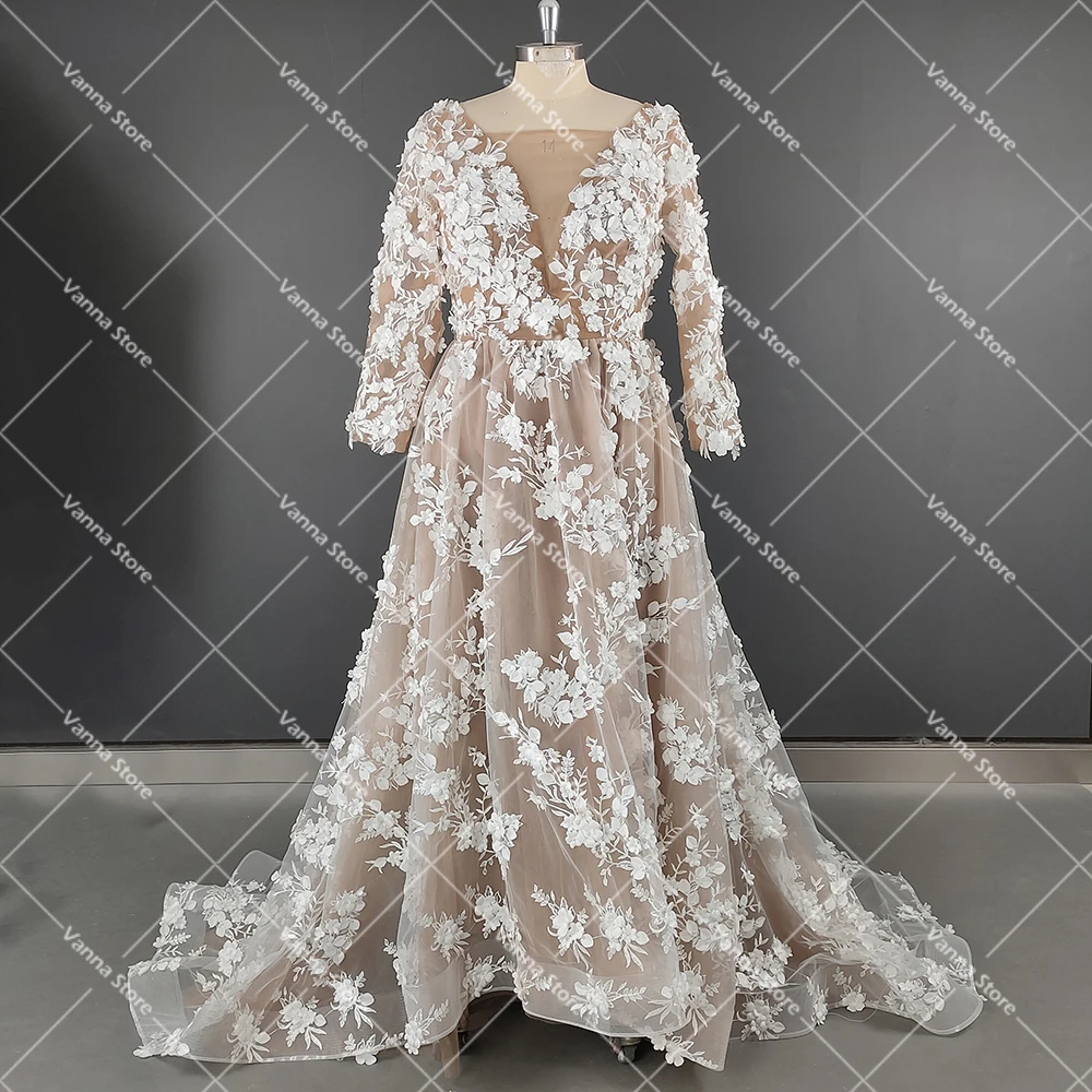 

Luxury 3D Lace Flowers Wedding Dress Real Photos Buttons Three Quarter Sleeves Illusion V Neck Custom Made Beading Bridal Gown