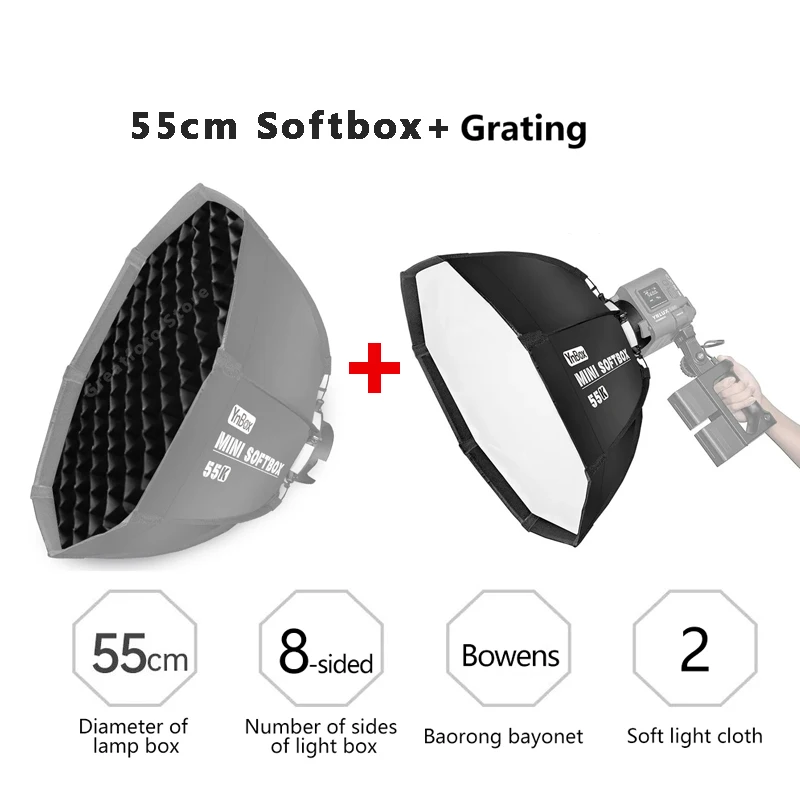 YONGNUO YNLUX100 Sâu Bát Giác Softbox 55CM Với Lưới Bowen Mount Cho Colbor CL60 Aputure Amaran 60x 200X 300d II sokani X100