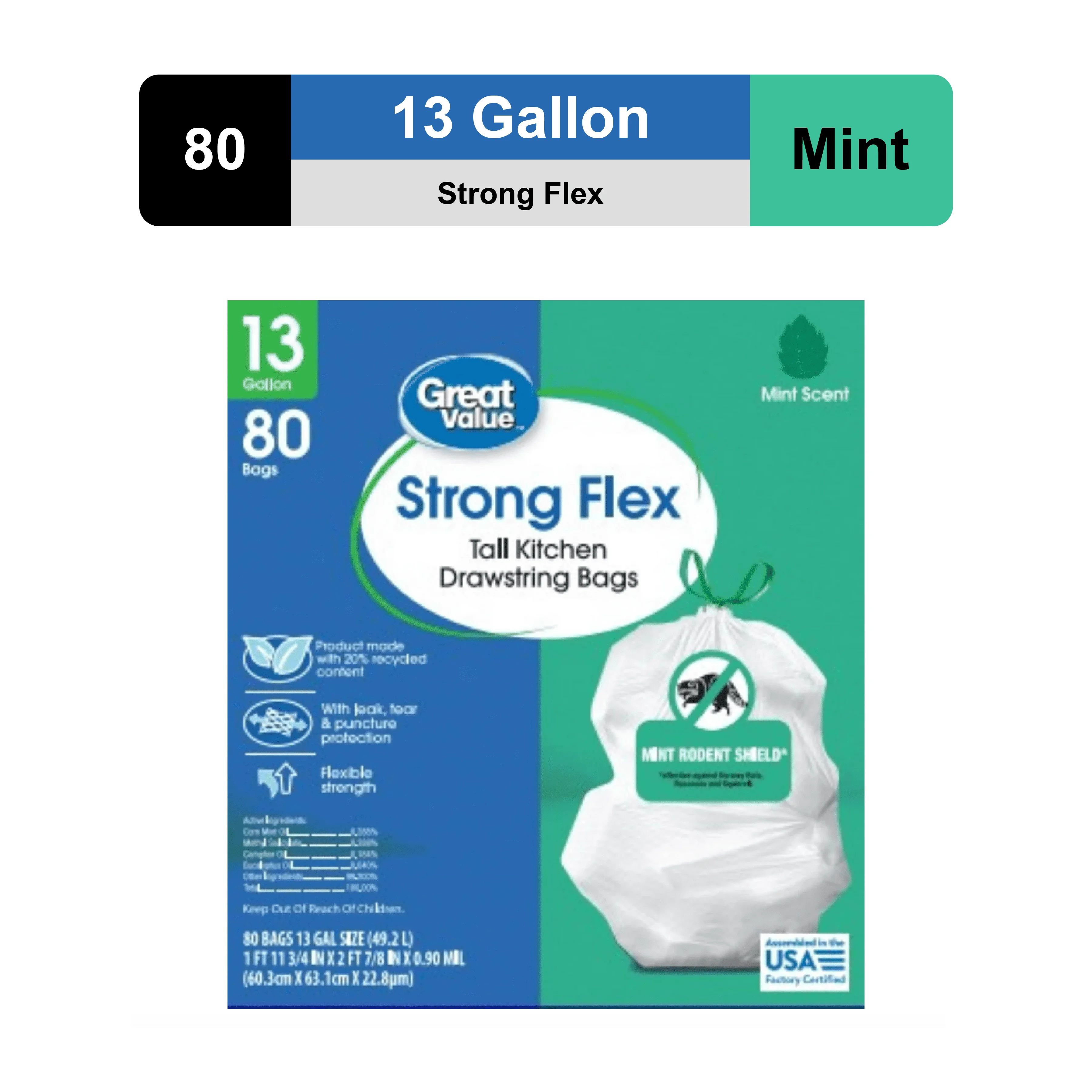 

13-Gallon Drawstring Strong Flex Tall Kitchen Trash Bags, Mint Scent, 80 Bags Dispose of daily waste in your home or workplace