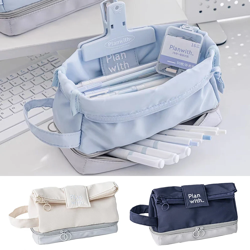 INS Double-layer Pencil Case Storage Pen Bag Folding Double Layer Pen Bag Learning Supplies Stationery Box Large Capacity