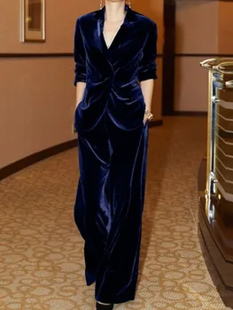 Jesienna moda Eleganckie damskie aksamitne spodnie Vintage Slim Solidne kurtki Spodnie z wysokim stanem 2-częściowy zestaw Stroje damskie Nowy