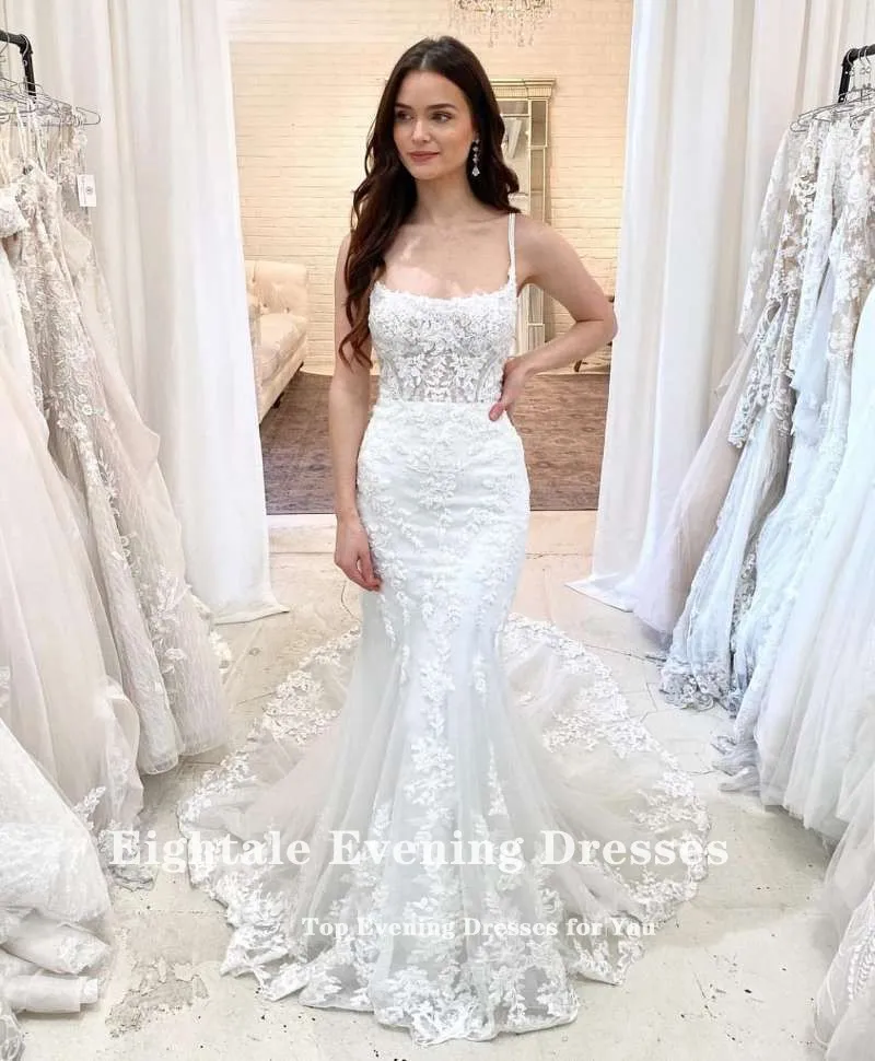 Eightale vestido de casamento romântico cinta de espaguete apliques rendas sereia vestidos de noiva feito sob encomenda vestido de casamento