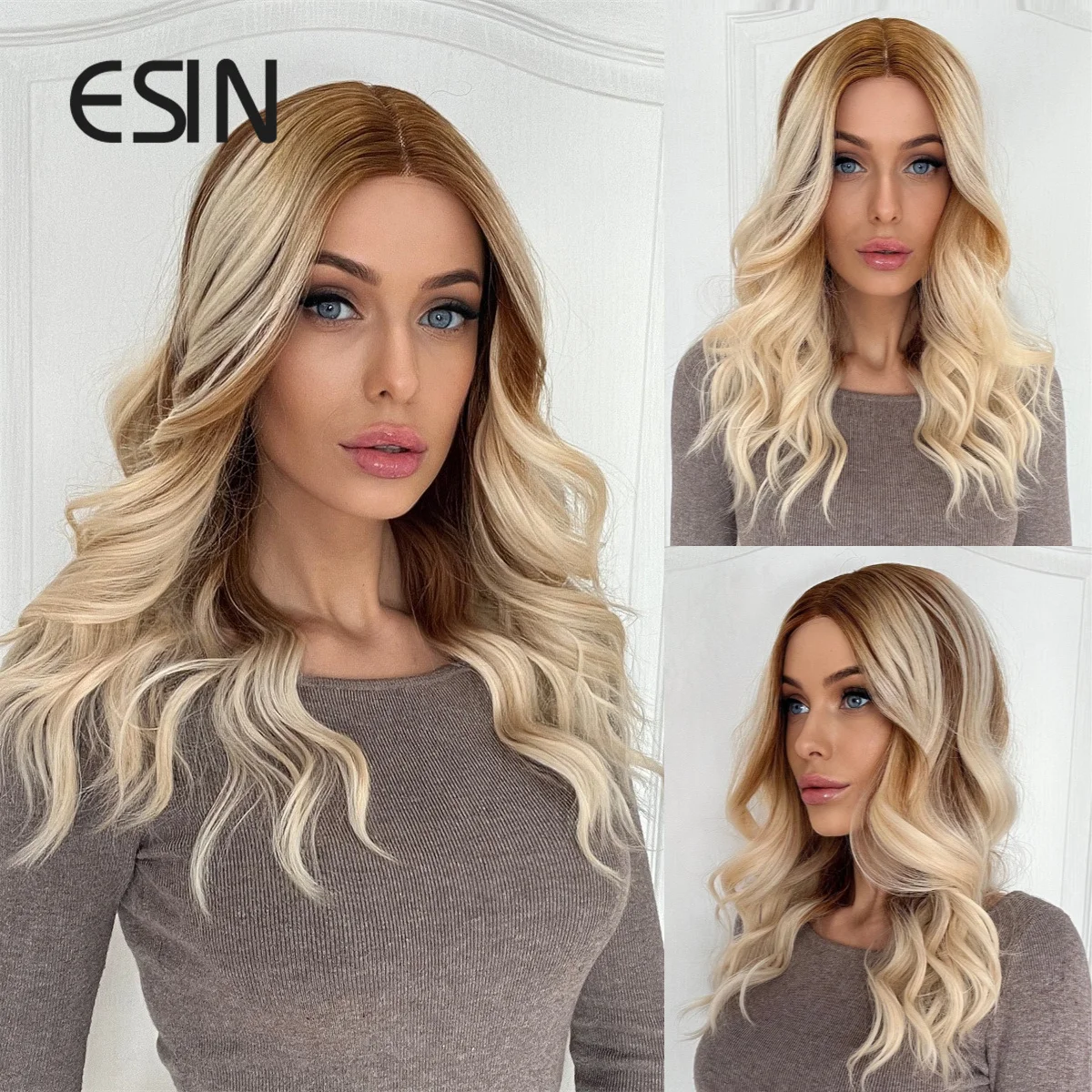 Esin-peluca sintética Rubia de alta calidad para mujer, peluca frontal de encaje, fiesta de Cosplay, cabello Natural resistente al calor diario