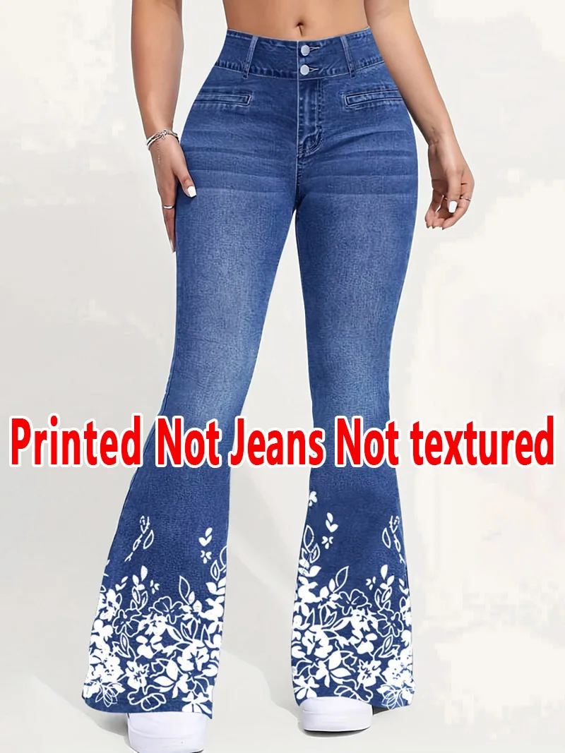 1166   Ladies Non-Leather Bell Bottom Pants Floral Print Denim Look Spring Autumn Winter Wearable Ladies Long Trousers