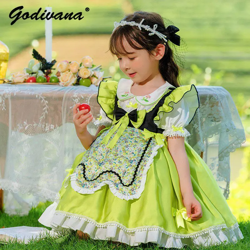 2026 Summer New Fashion Baby Girls Sweet Green Floral Lolita Princess Tutu Dress Kids Cute Doll Collar Ruffle Trim Bow Ball Gown