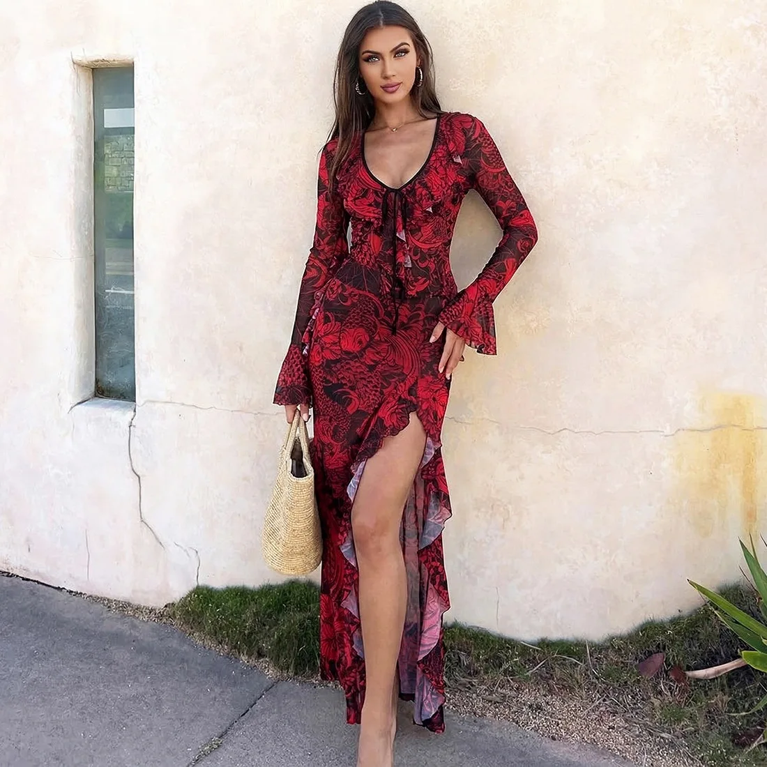 Shiver! New Women's Clothing Lace Bell Sleeve Erotogenic Deep V-neck Semi-transparent High Fatigue Skirt Set Clothes Femme Maxi