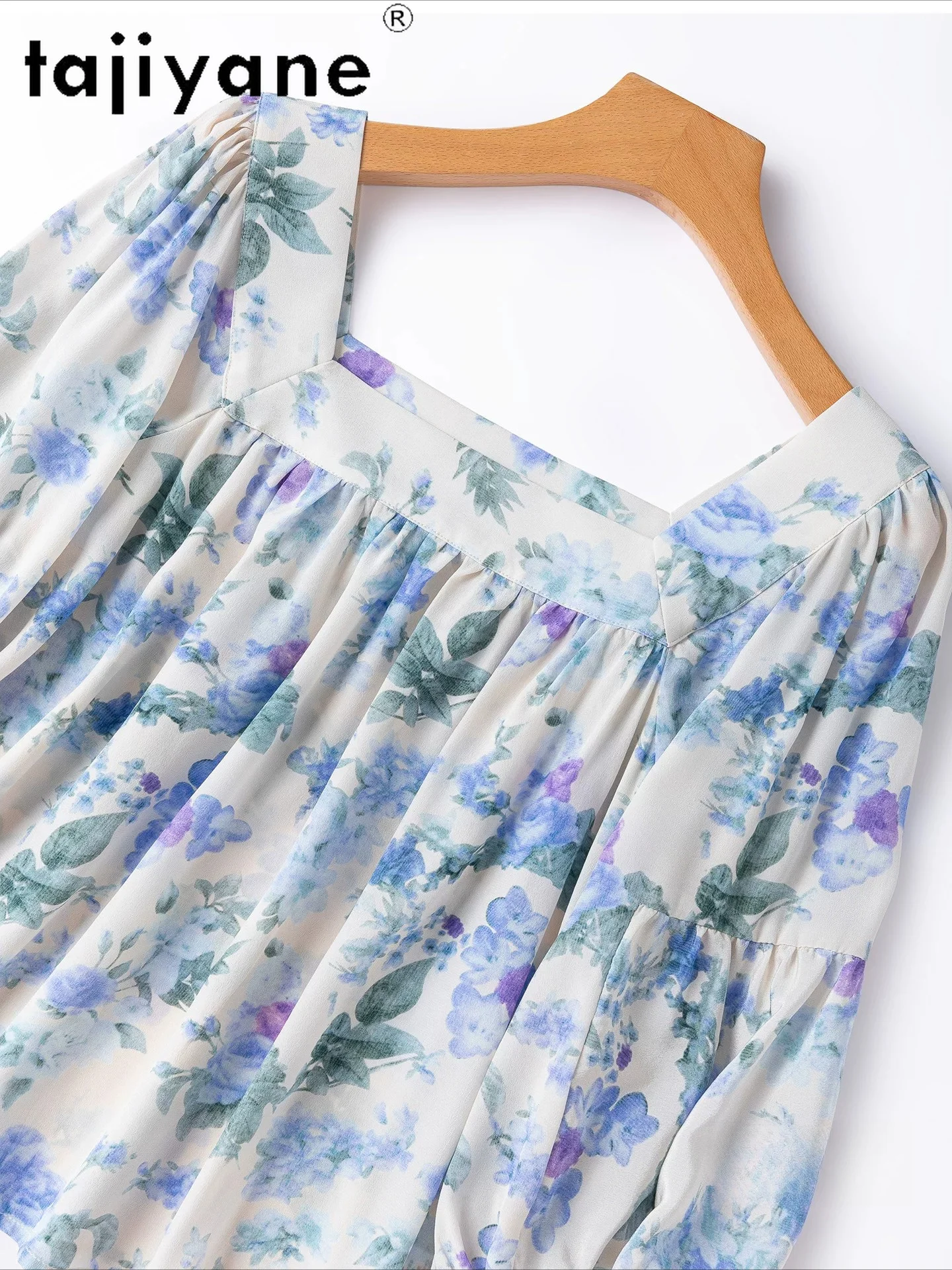 TAJIYANE 100% Mulberry Silk Women T Shirts Floral Loose T Shirt Square Neck Puff Sleeve Summer Tops for Woman Clothing 2026 ropa