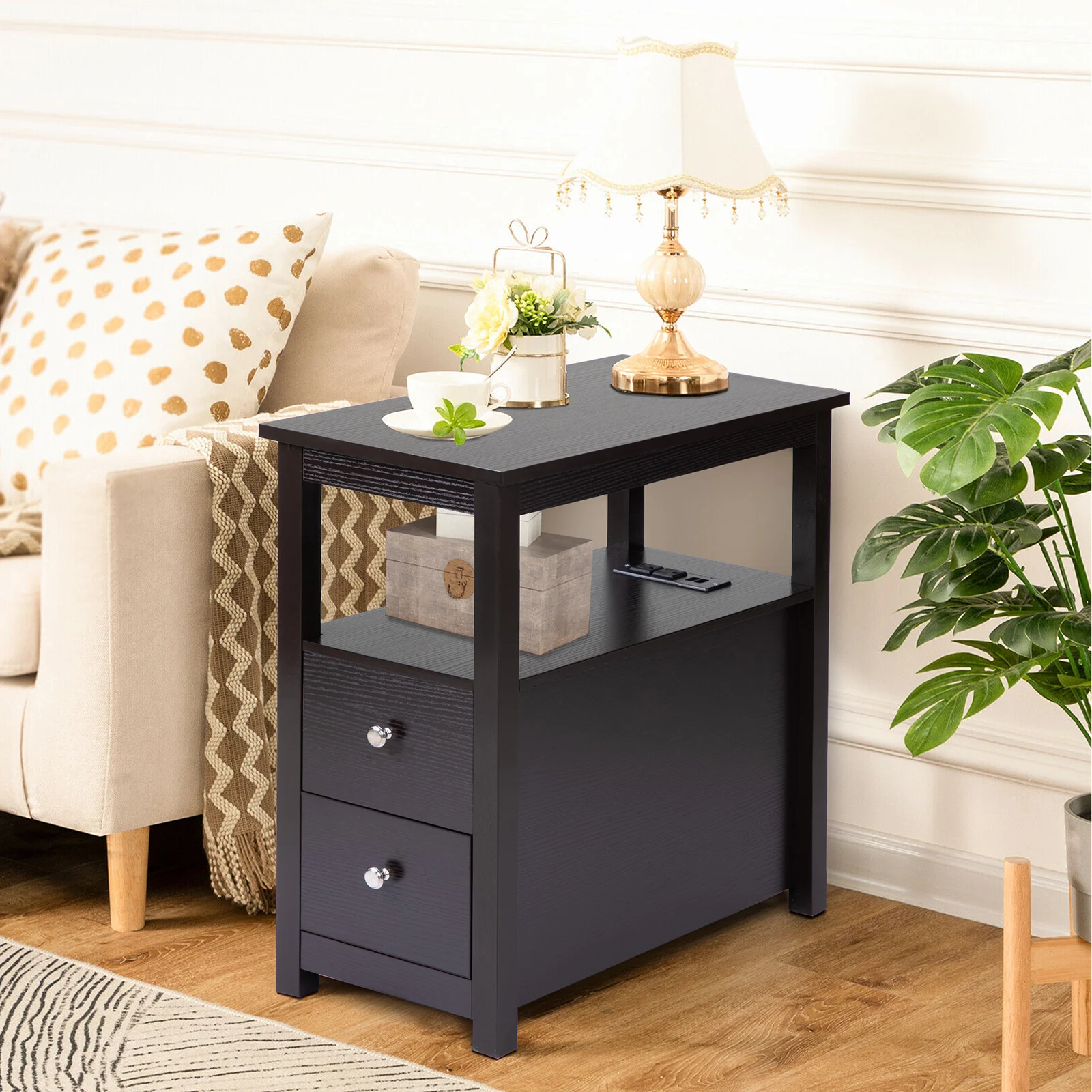 Transitional Nightstand with USB Charging Station, Wooden End Table Bedside Table, 2-Drawer Home&Kitchen Storage Cabinet - Espre