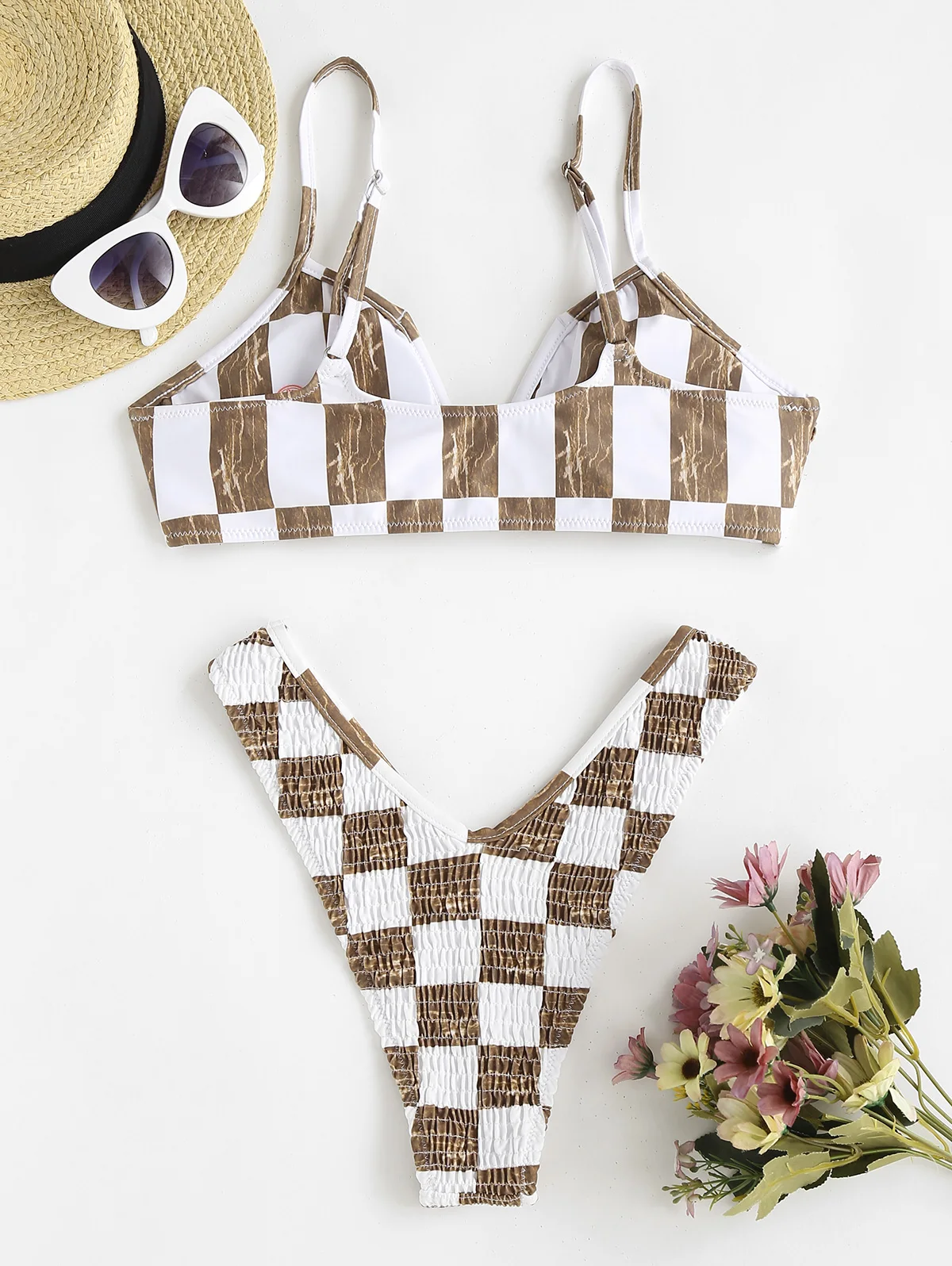 Costume da bagno bikini a gamba alta con cappuccio a V smock con stampa scozzese ZAFUL