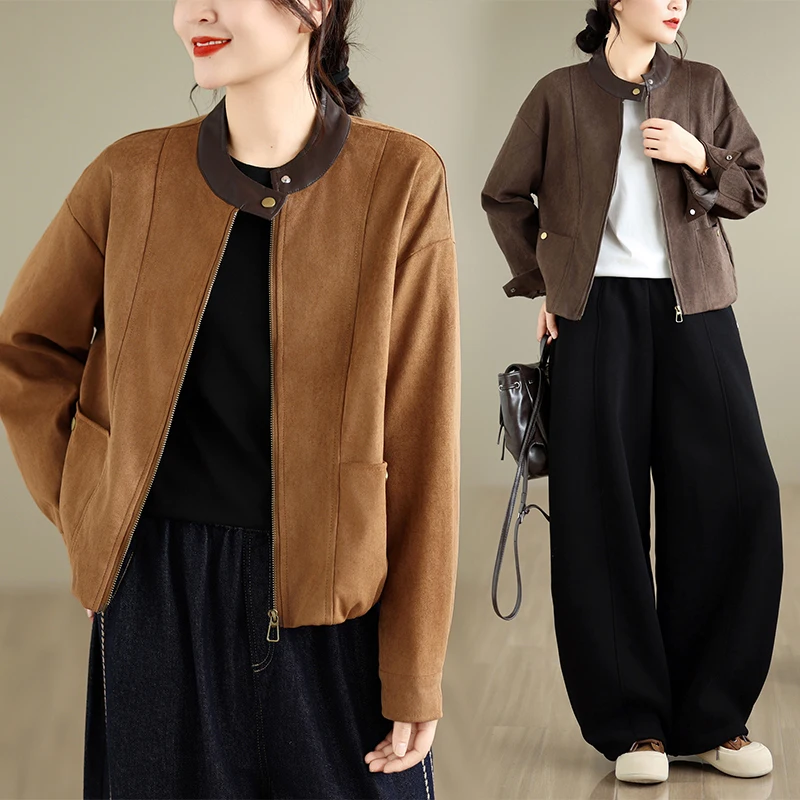 YZJNH 2026 Autumn New Coat Women's American Stand up Collar Chic Loose Suede Jacket Top Autumn Korean Edition Stylish Short Coat