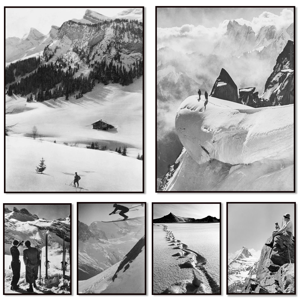 (2D Canvas Painting)  Ski piste, woman skiing in valley, climber in french alps, retro skier, ski lessons, black and white ph