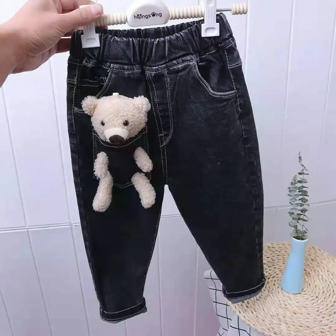 Jeans urso casual feminino, calça infantil estrangeira, feminina tesouro, versão coreana, nova, estilo primavera e outono