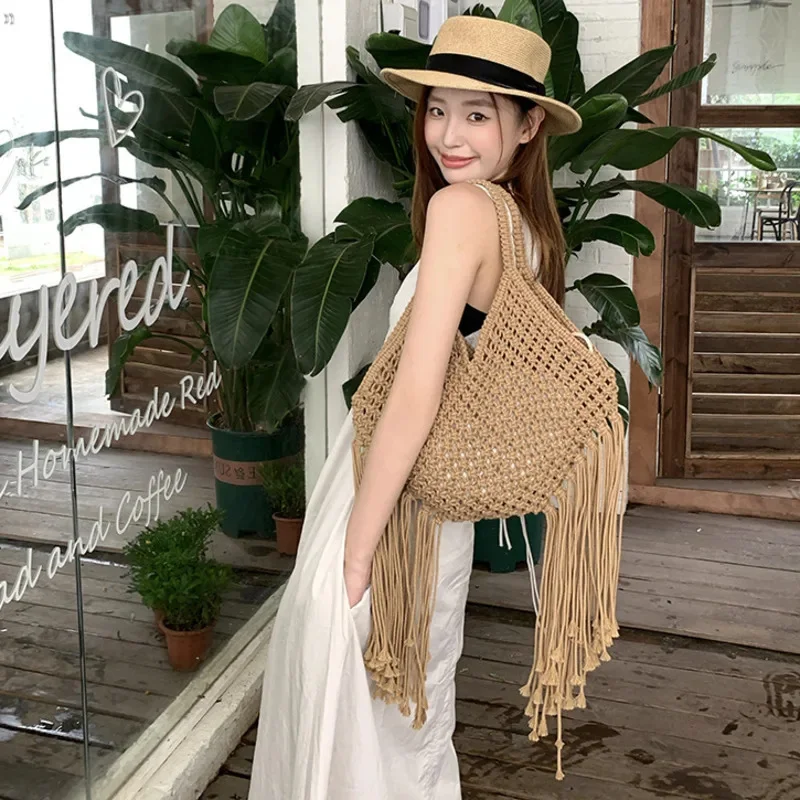 Bohemian Style Su Bag Women 2024 New Handmade Woven Bag With Drawstring Cotton And Linen Woven Bag Color Beach Bag Vacation Bag