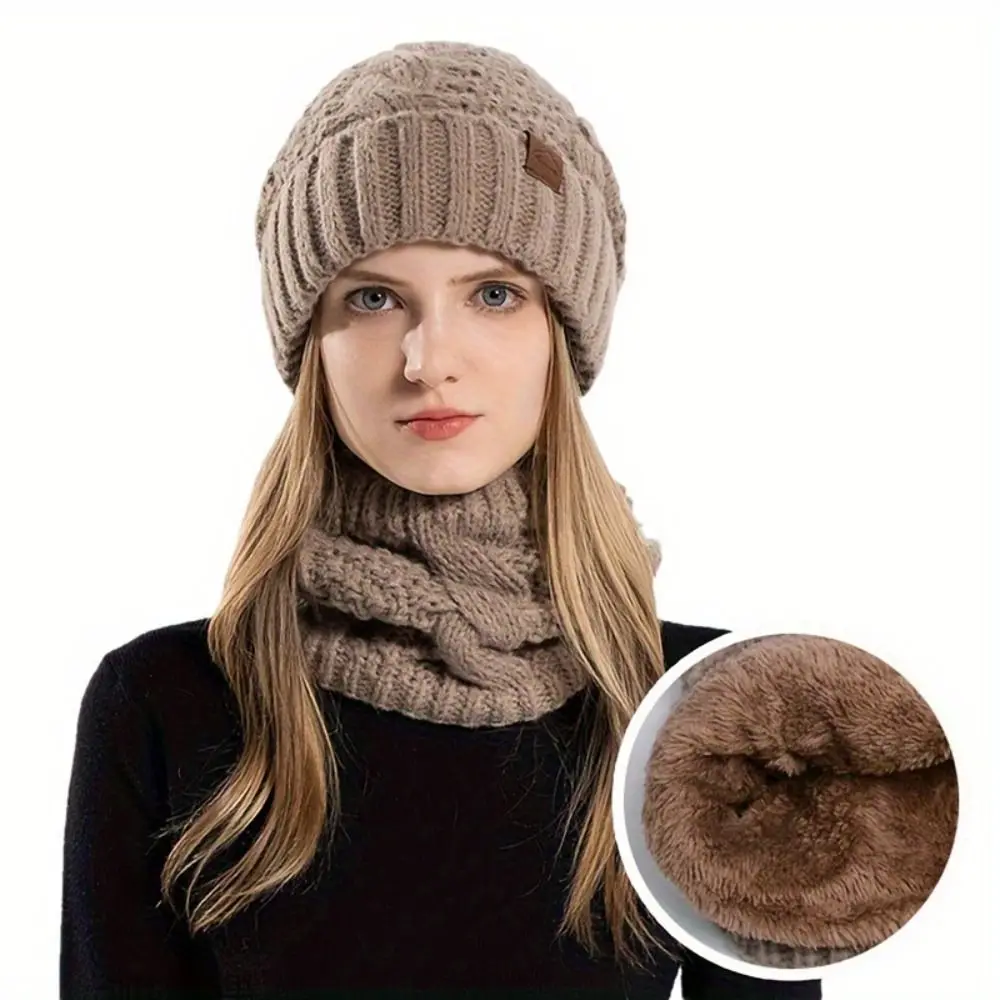 Gorro de invierno suave, conjunto de bufanda, gorro de punto térmico grueso con forro polar, calentador de cuello de diseño elegante, gorro de lana cálido para esquiar