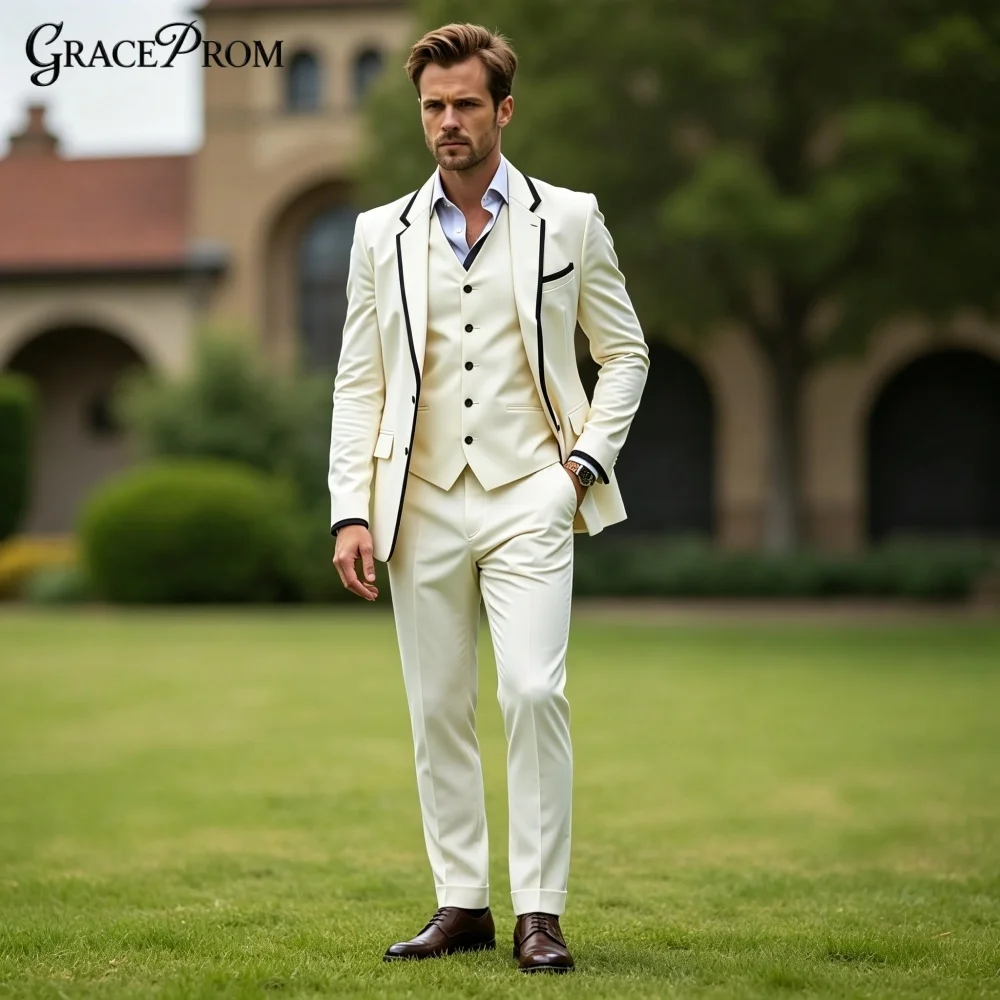 High‑Quality Ivory White 3PCS Mens Tuxedo Black Contrast Piping Notched Groom Suit Vest Pants Set For Ceremony Event Customized