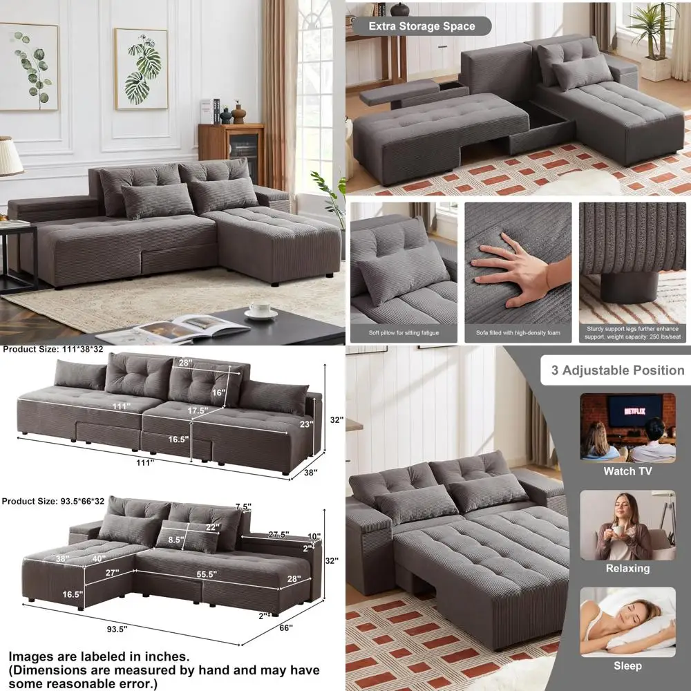 Негабаритный раскладной вельветовый диван-кровать 3-в-1, секционный диван L-образной формы 94 для гостиной, выдвижная кровать, 4-местный с Com