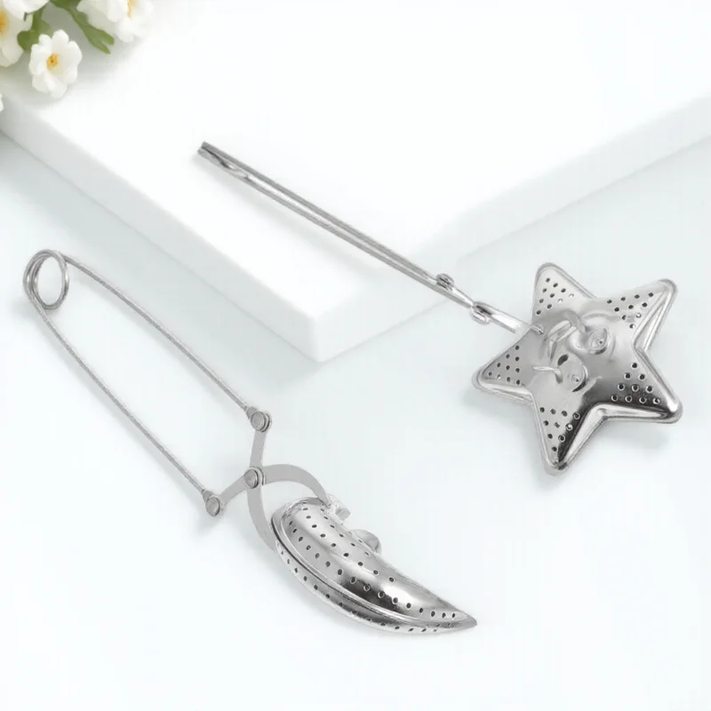 

2pcs Long Grip Tea Filter Silver Stainless Steel Tea Strainer Moon Star Shaped Loose Leaf Infuser Clip Handle For Home Office