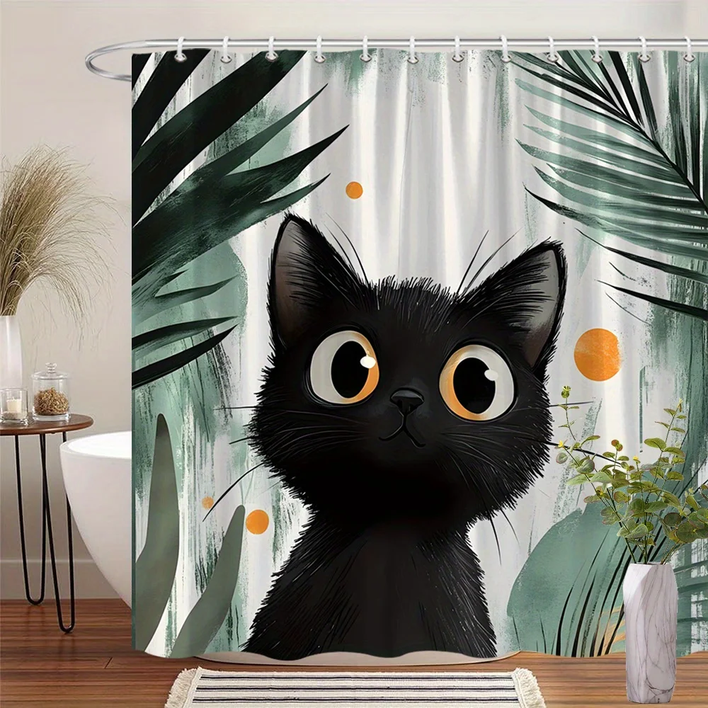 

Black Cat Shower Curtain – Tropical Palm Leaves, Orange Dots, 2D Flat Print, Polyester, Grommet Top, 71x71 inch