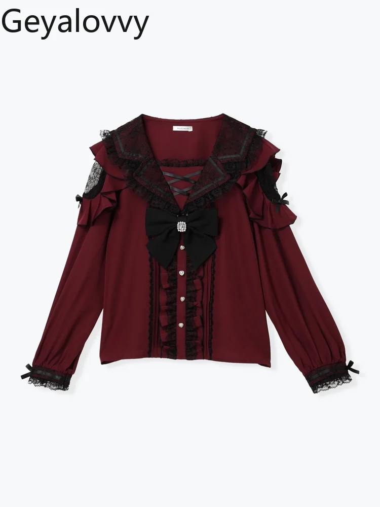 خريف جديد الإنتاج الضخم بحار طوق تنوعا قميص الحلو لطيف الفتيات الدانتيل بلوزة خارج الكتف القوس كم طويل بلايز #4