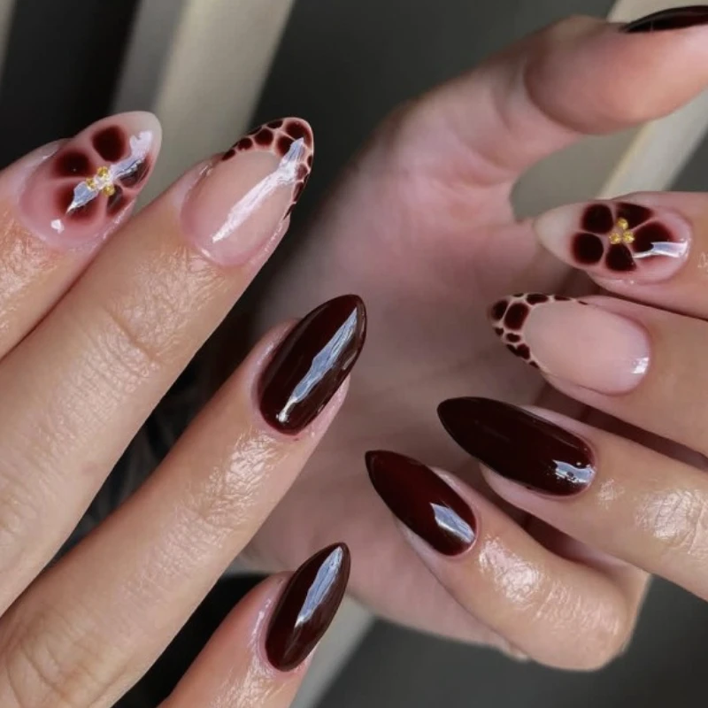 フレンチハロー染色花びらアーモンドネイルアート秋冬ファッション付け爪取り外し可能完成済み付け爪プレスオンネイル