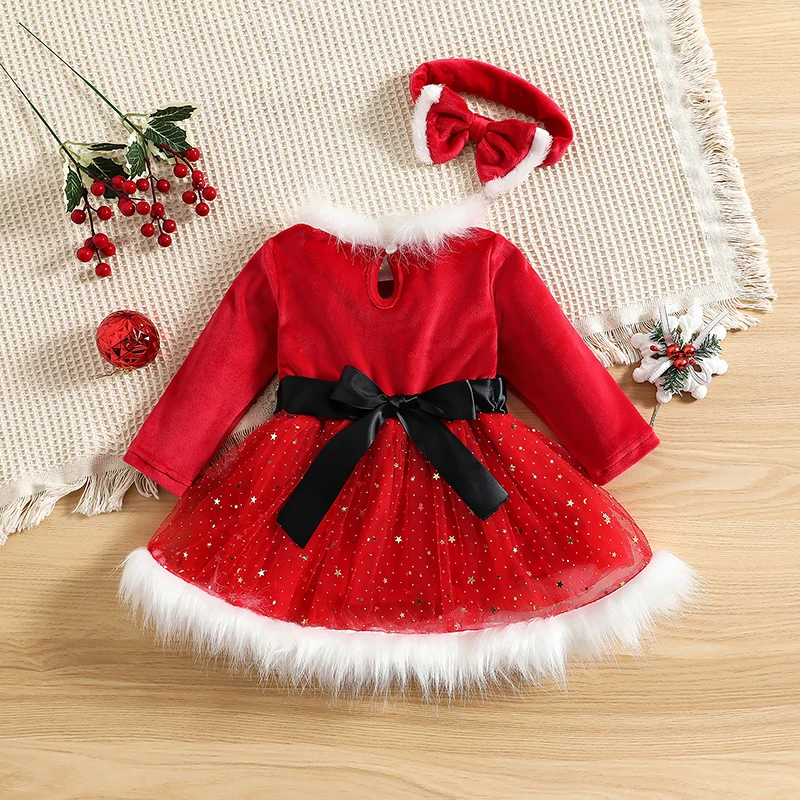 0-5Y Toddler Baby Girl Christmas Dress Long Sleeve Santa Claus Red Tulle Dress for Girls Xmas Party Princess Dress Outfit