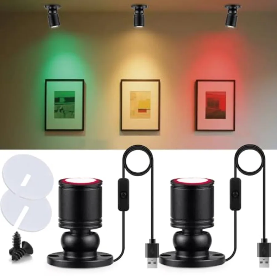 USB Powered Mini Spotlights for Displays 2-Pack 5V Small LED Spot Lights Indoor, 7 Color Options, Compact USB Spotlight for Dis
