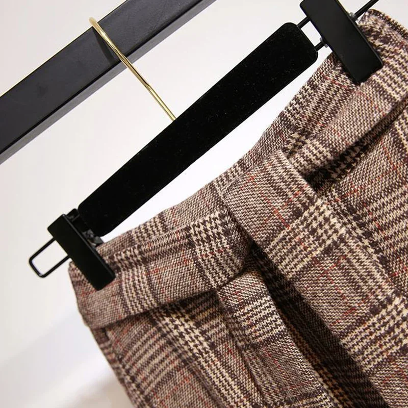 Korean Woolen Plaid Skirt Women 2024 Autumn Winter Vintage Elastic High Waist Skirt Woman with Belt A-Line Slim Fit Long Skirts