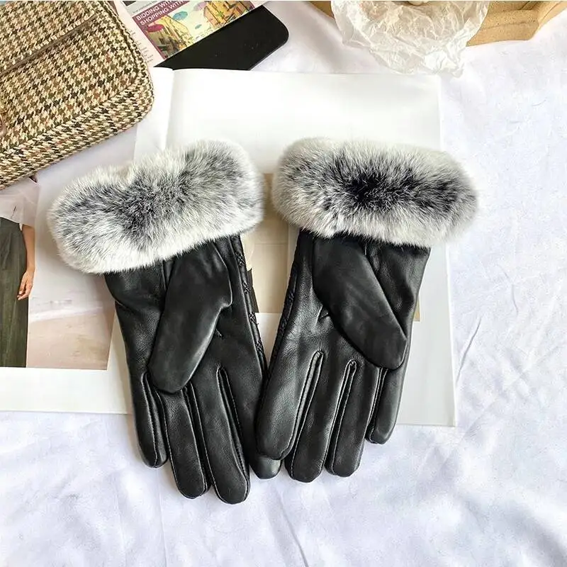 Luvas de couro genuíno para mulheres inverno real rex pele de coelho engrossado luvas com pelúcia natural fofo pele luvas quentes