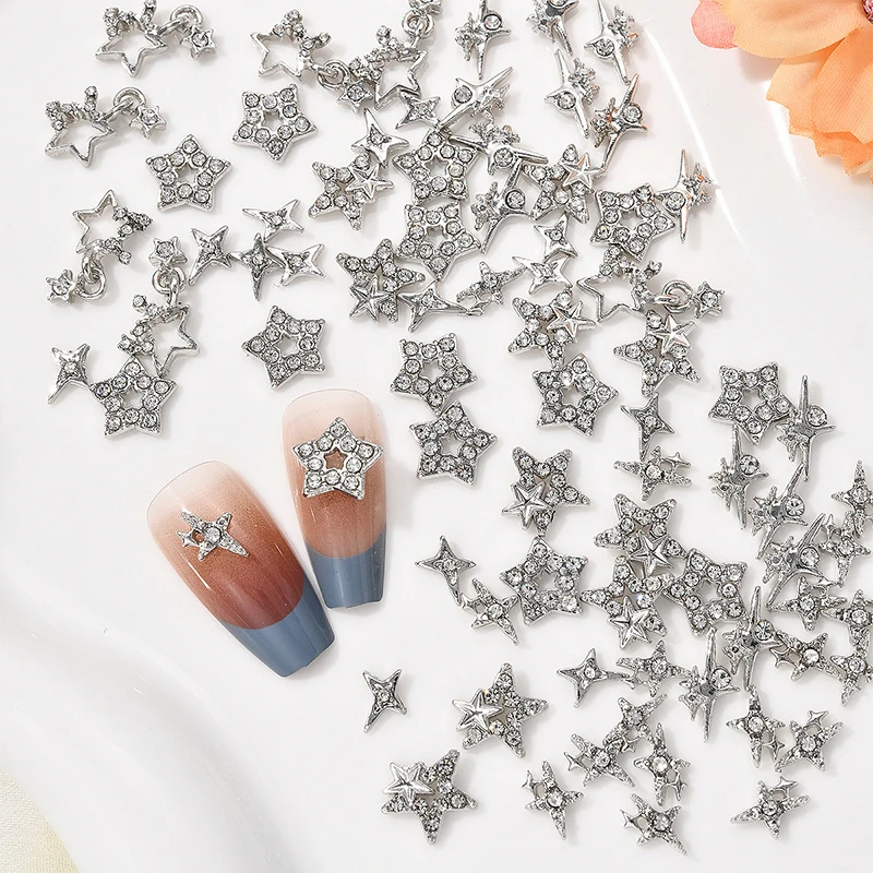 30 قطعة نجمة فضية مسمار السحر لامعة ثلاثية الأبعاد نجوم مسمار الأحجار الكريمة ضوء النجوم مجوهرات أظافر سحر لتزيين الأظافر الاكريليك