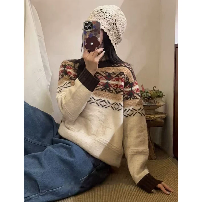 

Pure cashmere sweater for women, FairIsland ethnic style round-neck color-blocking and loose jacquard thickened sweater