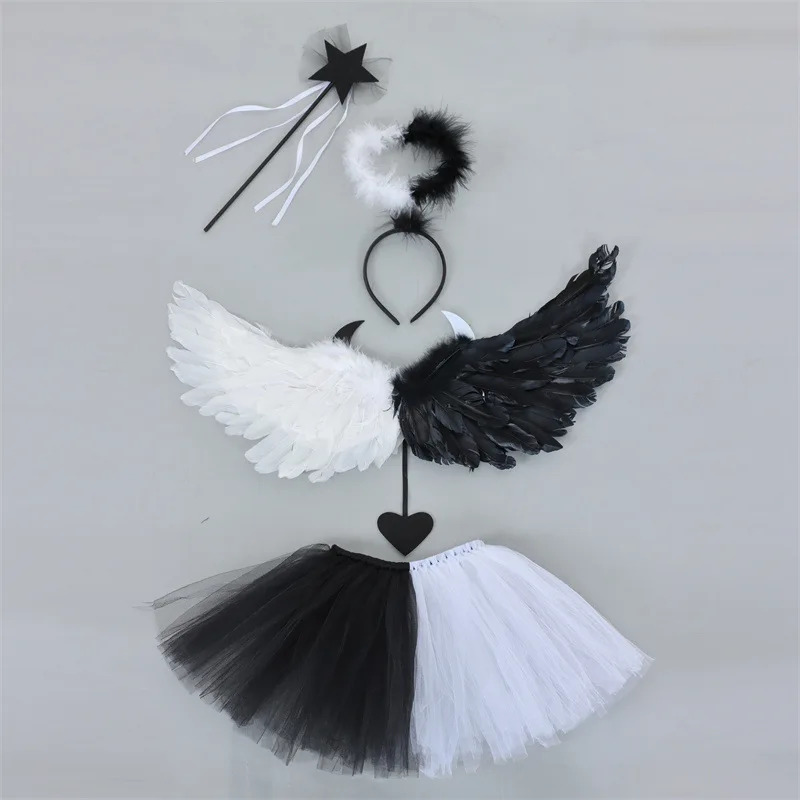 Halloween Witch Demon Costume Set Feather Wing Tutu Skirt Angel Halo Headband Devil Headpiece Evil Magic Stick Black White