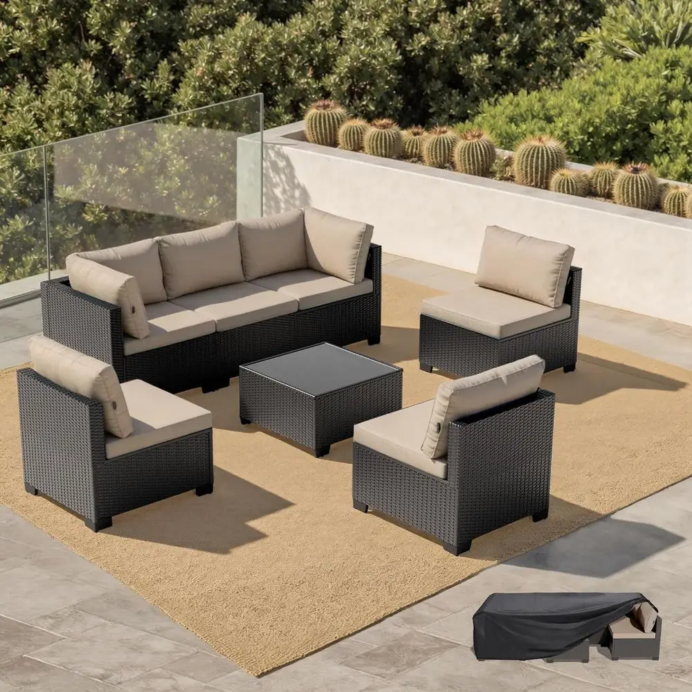 

All-Weather 7-Piece Outdoor Patio Sectional Set with Wicker Rattan Sofa for Garden, Poolside, Balcony, and More in Black/Khaki