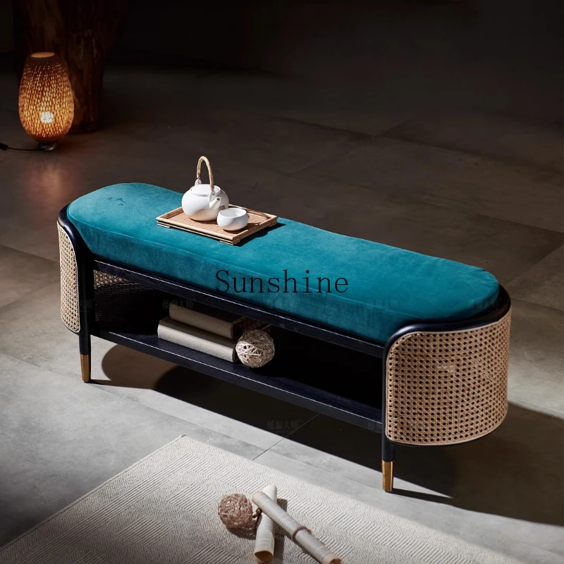 Nordic rectangular home try shoe stool rattan bedside solid wood sofa stool