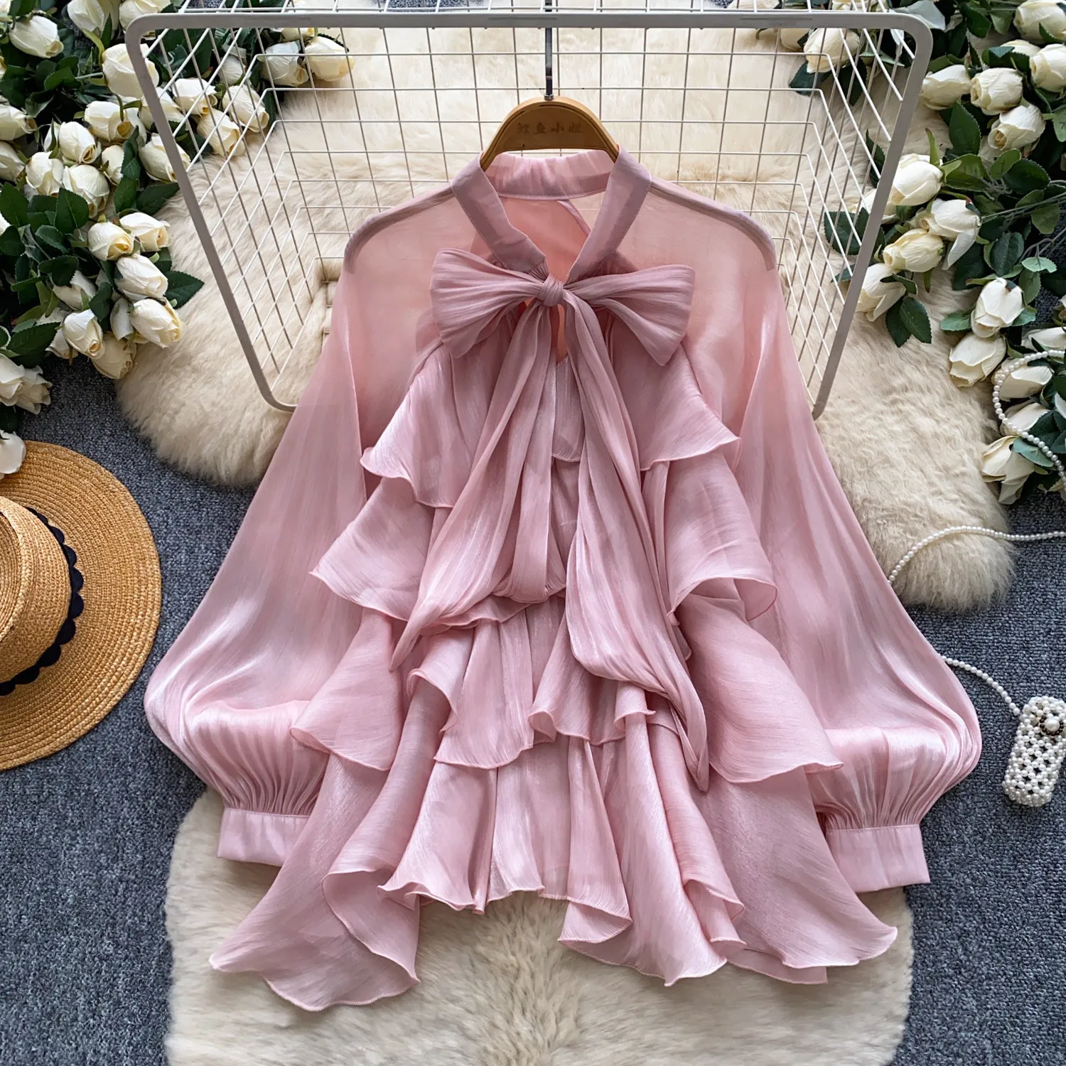 Retro Bow Tie Tiered Puff Sleeve   Blouse Office Lady Women Elelgant Shirt  Sweet Fashion Top