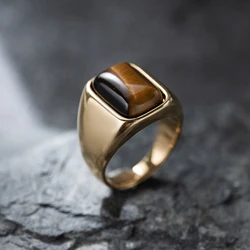 Retro Fashion Personality Luxurious Natural Tiger Eye Stone Ring. Casual Business Style Unisex Ring. 316L Stainless Steel
