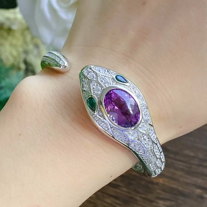 

Luxury Silver Color Snake Shape Bracelets for Women Fashion Inlaid Amethyst Opening Cuff Bangles wholesale Jewelry