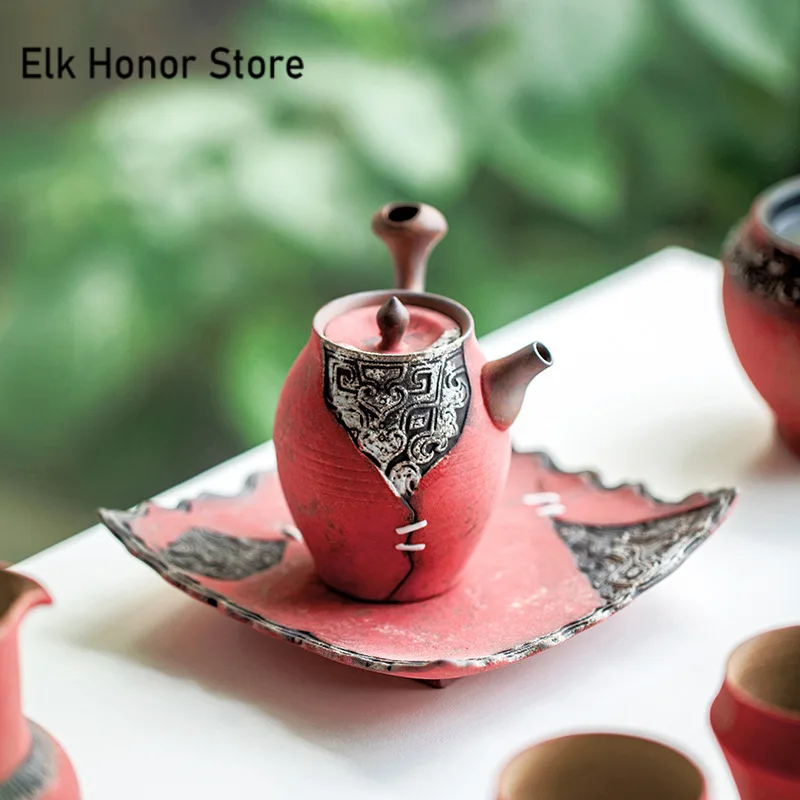 160ml Retro Old Rock Clay Teapot Japanese Powder Yin Carmine Red Pot Tea Maker Kettle with Strainer Cha Accessories Craft Gifts