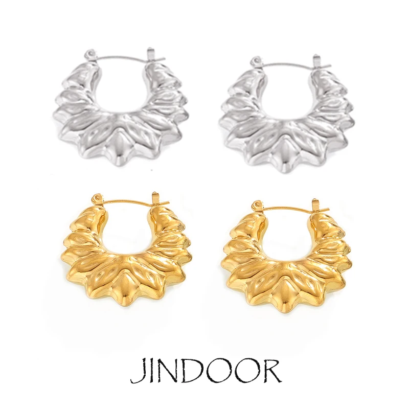 JINDOOR Titanium Steel Plated With 18k Gold Petal Pleats Bold Hoops，Fashion Trend Vintage Daily Woman Earrings