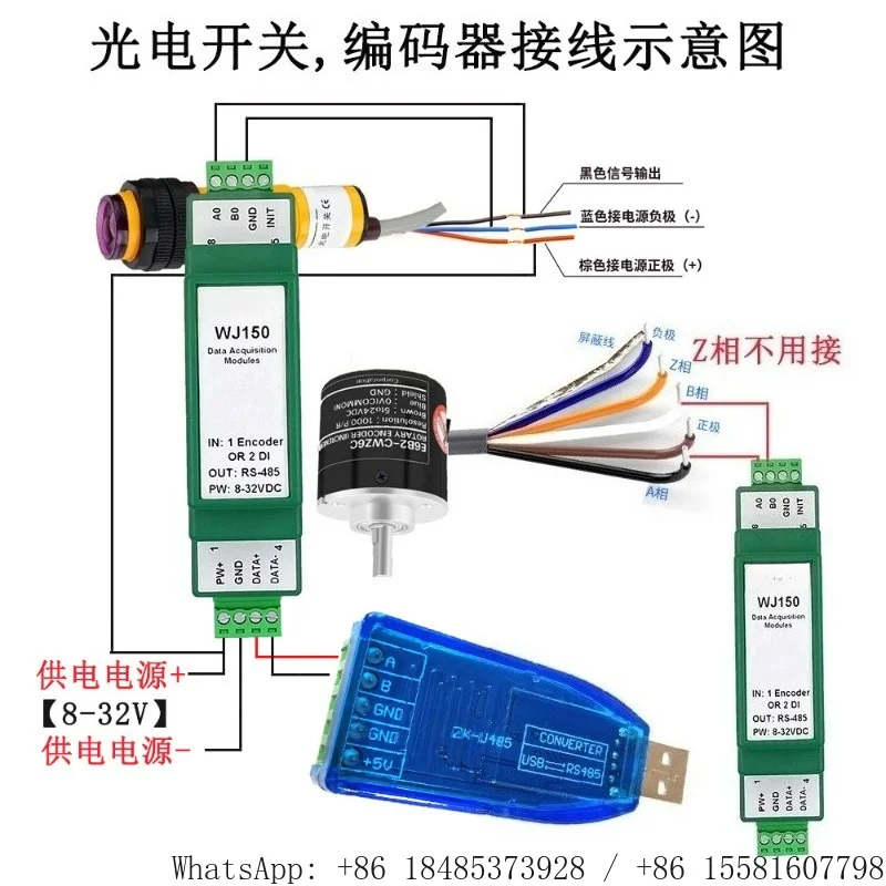 WJ150 Encoder Pulse Counter Length Meter Module 2DI Input High Speed Modbus RTU RS485 Data Acquisition Unit 8-32VDC