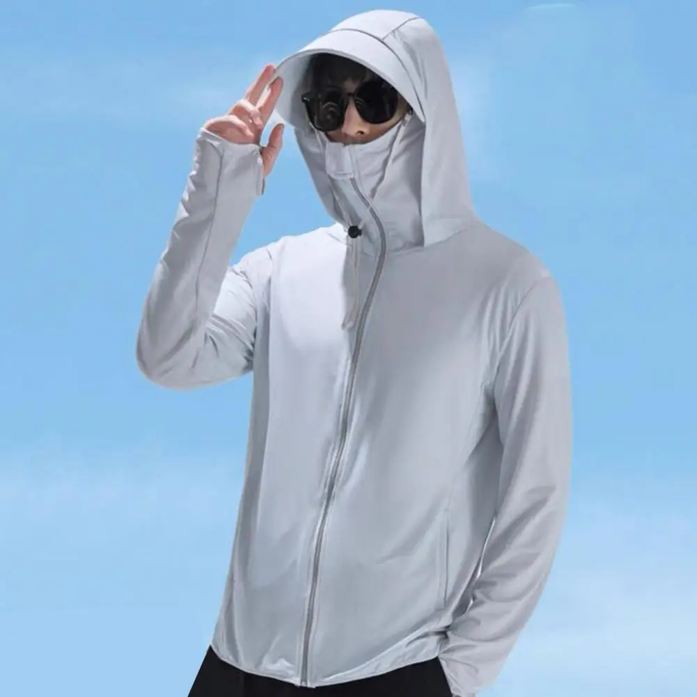 

Men Fishing Shirt UV Proof Coat Detachable Brim Hooded Long Sleeve Pocket Sunscreen Jacket Zipper Placket Cycling Running Jacket