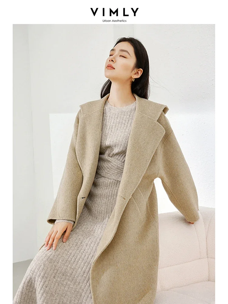 Vimly Khaki Long Wool & Blends Coats 2023 Winter Thick Warm Hooded Double Breasted Jacket Women Elegant Overcoat Female 50760