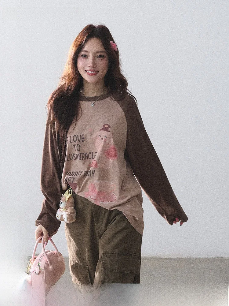 

American Retro Long Sleeve Print T-Shirt 100 Cotton Workwear Pants Set LulusMiracle【Light Autumn Sweet Ode】Women's Fashion Set